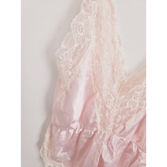 Vintage Teddy Lingerie Silky Satin Lace Pink Ms Leslee V-Neck Bodysuit L Large - Picture 3 of 9